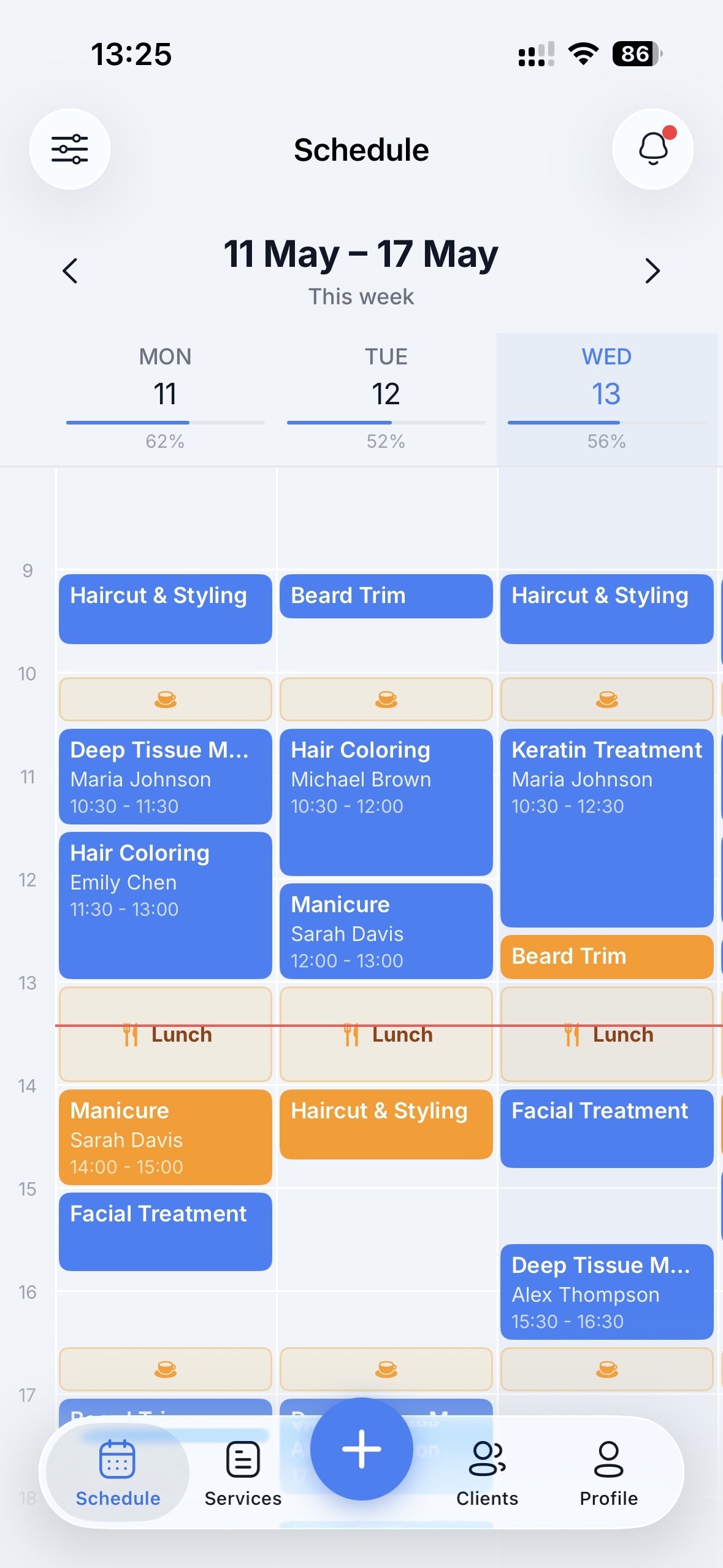 VisiTime Business — a week schedule with per-day occupancy and color-coded appointments