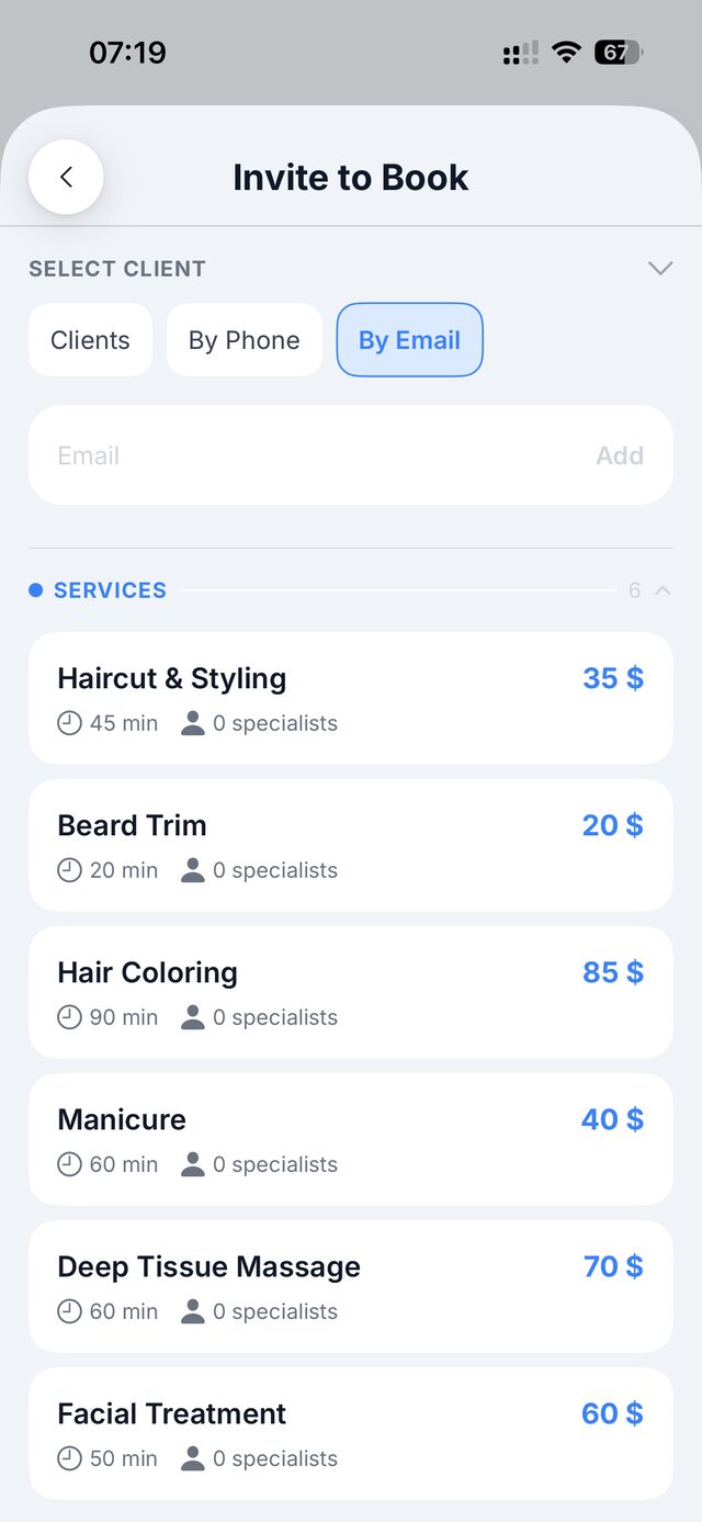 Приглашение клиента записаться: email и телефон, список услуг