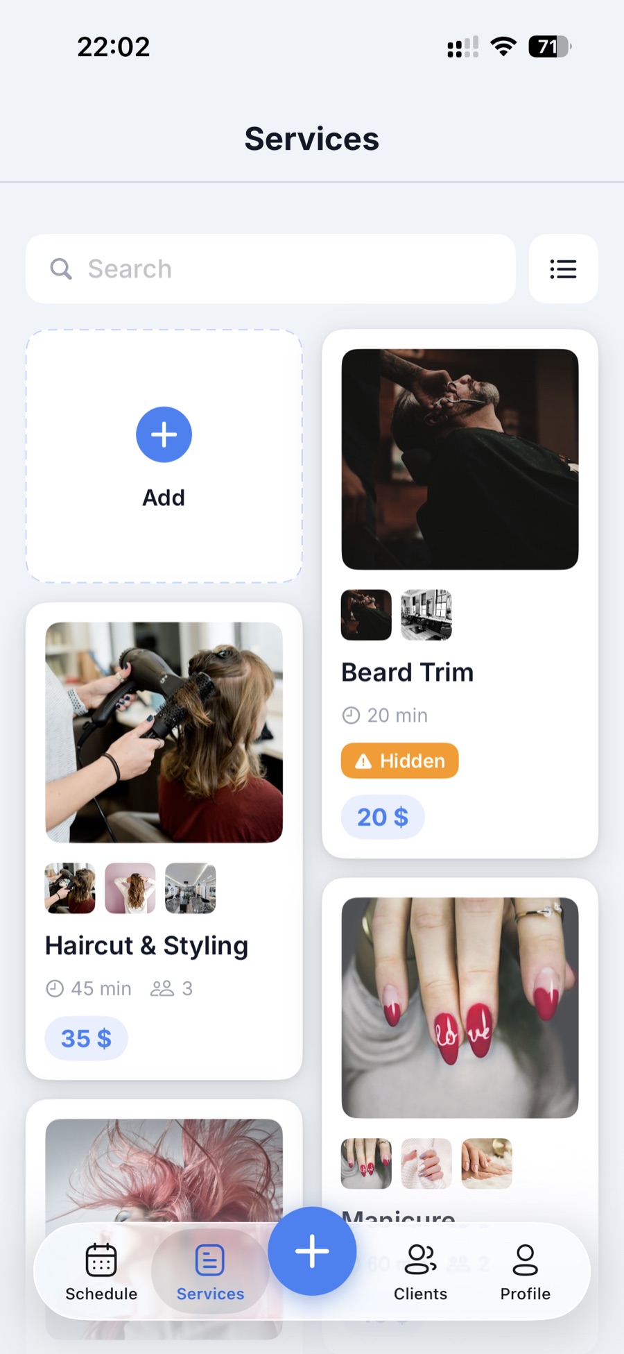 Business app service catalog with photos, duration, specialists and prices