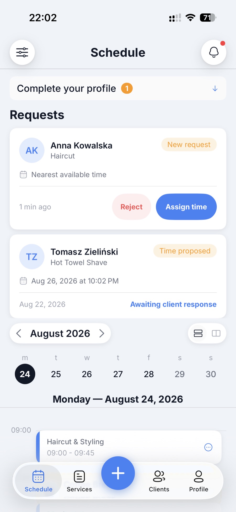 Business schedule with new booking requests and proposed times