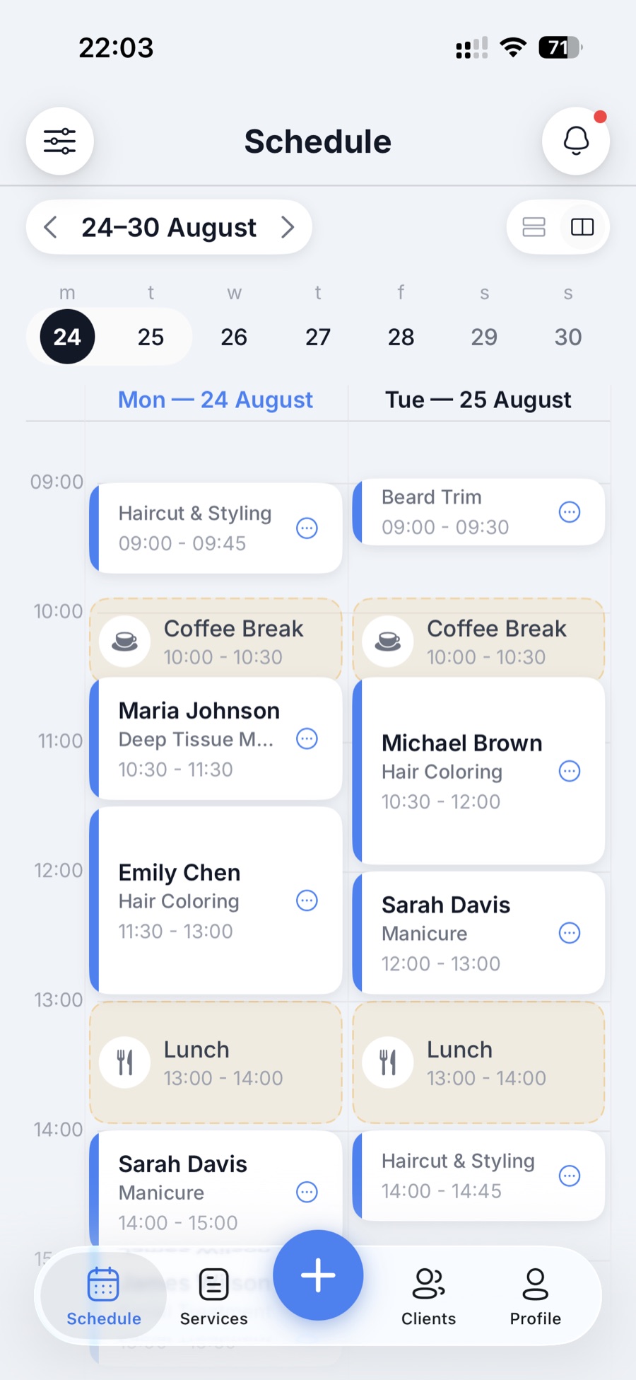VisiTime Business schedule: today's bookings with client names and services