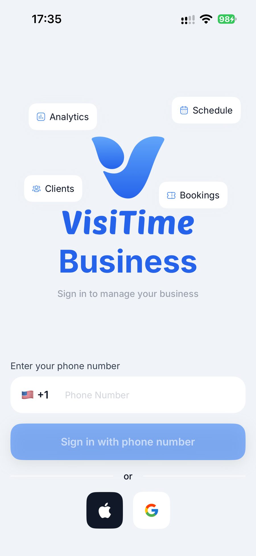 Вход в VisiTime Business по номеру телефона, Apple или Google