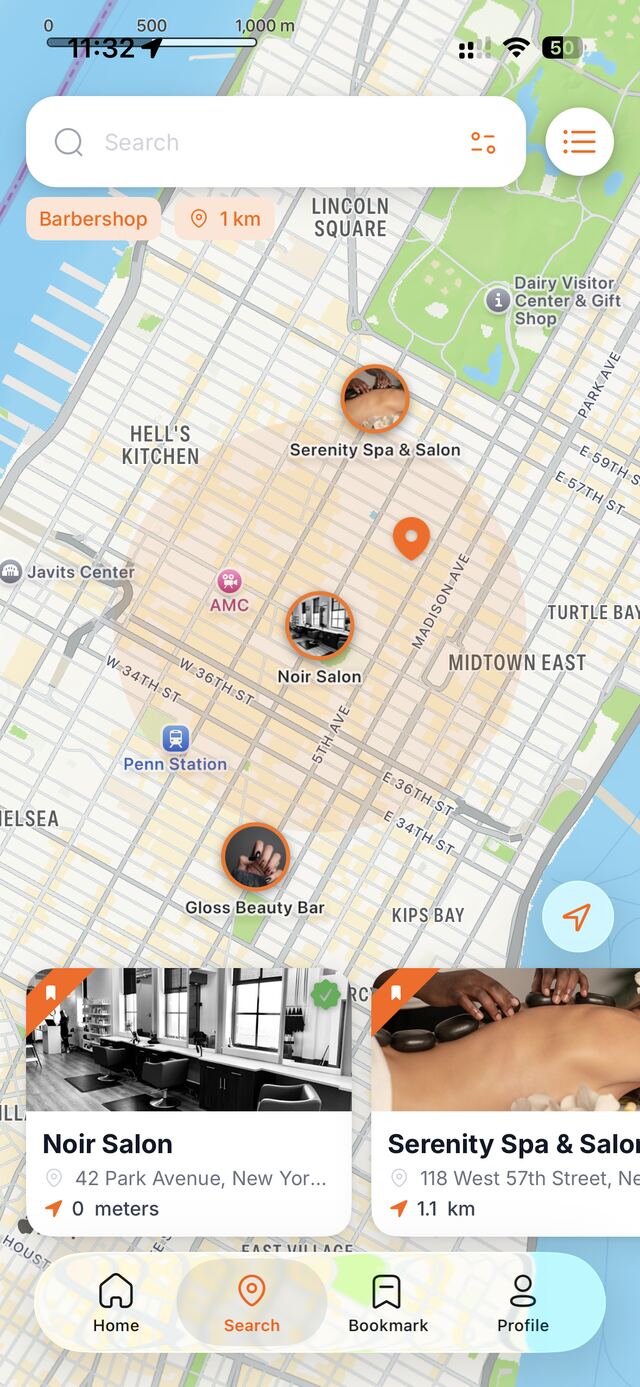 Map with nearby place pins